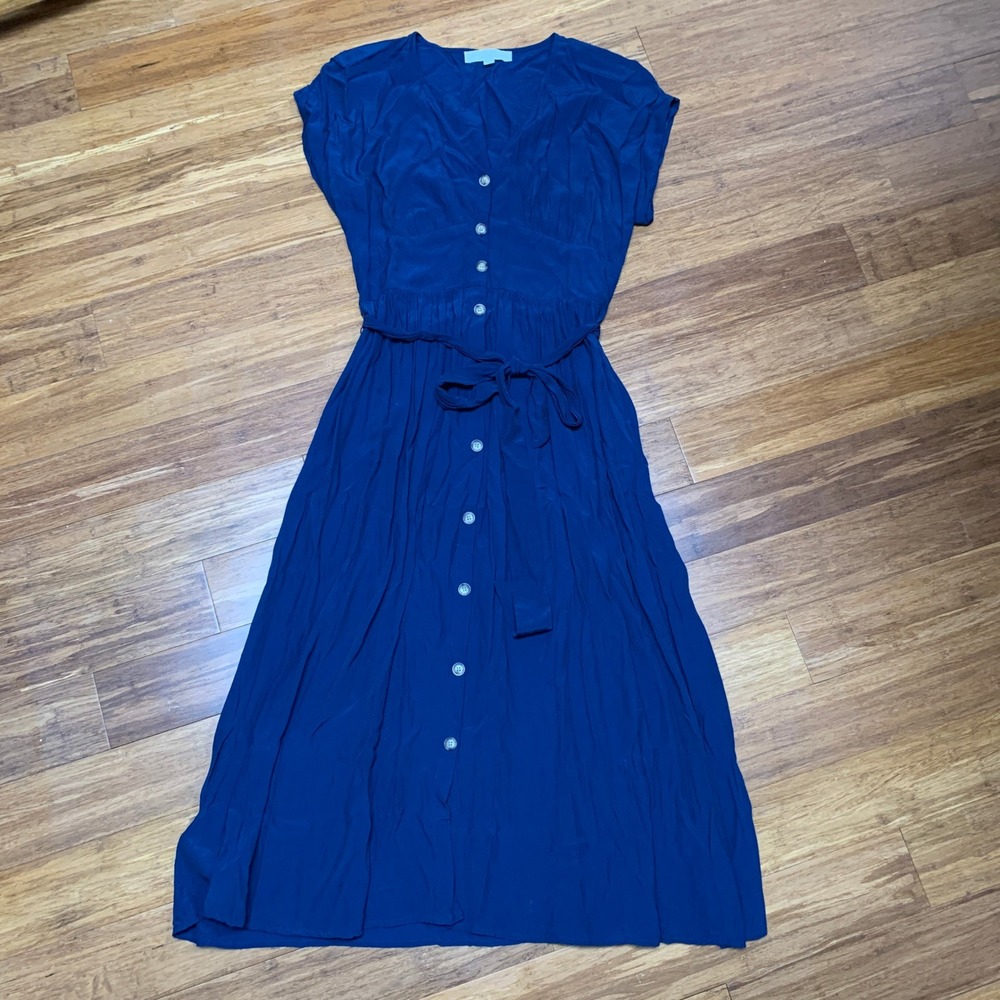 LOFT‎ Womens Navy Blue Button Front Midi Dress Short Sleeve Tie Waist Size 4